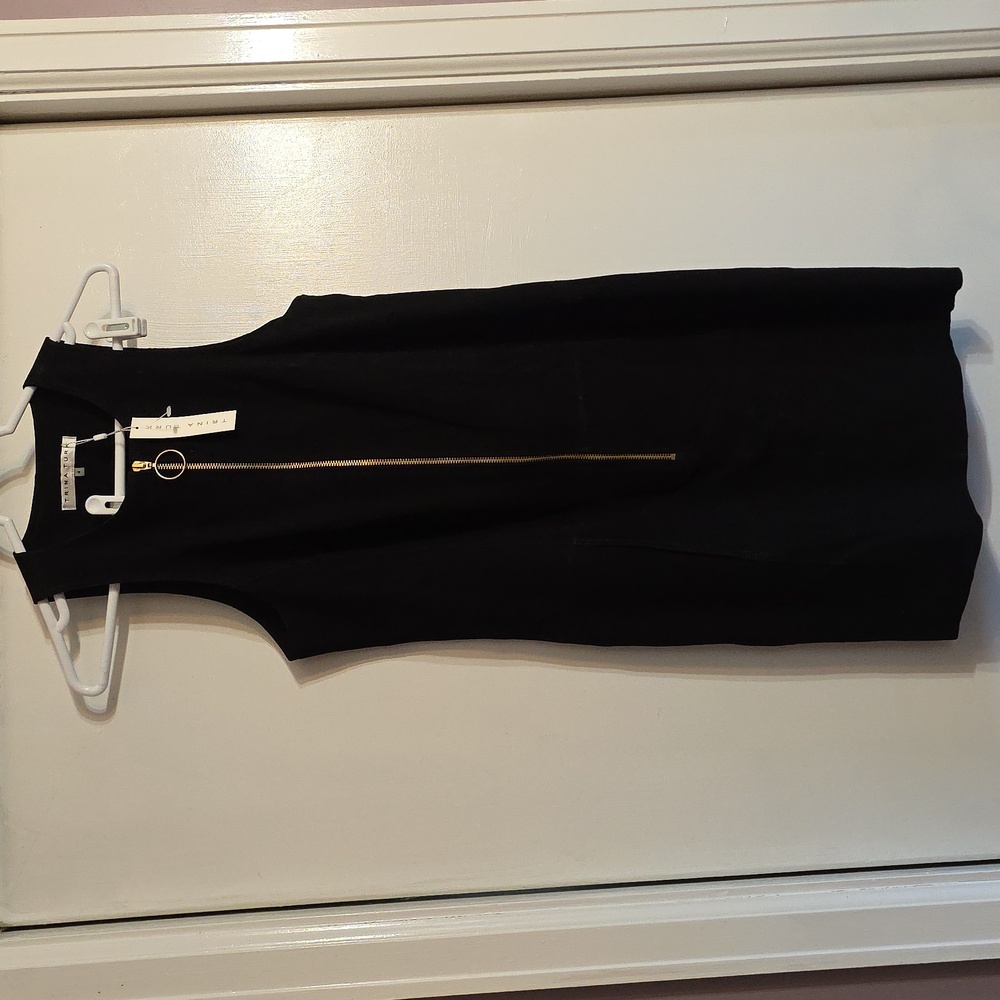 Trina Turk Black Goat Leather Zip Front Sheath Dress Size 4 NWT